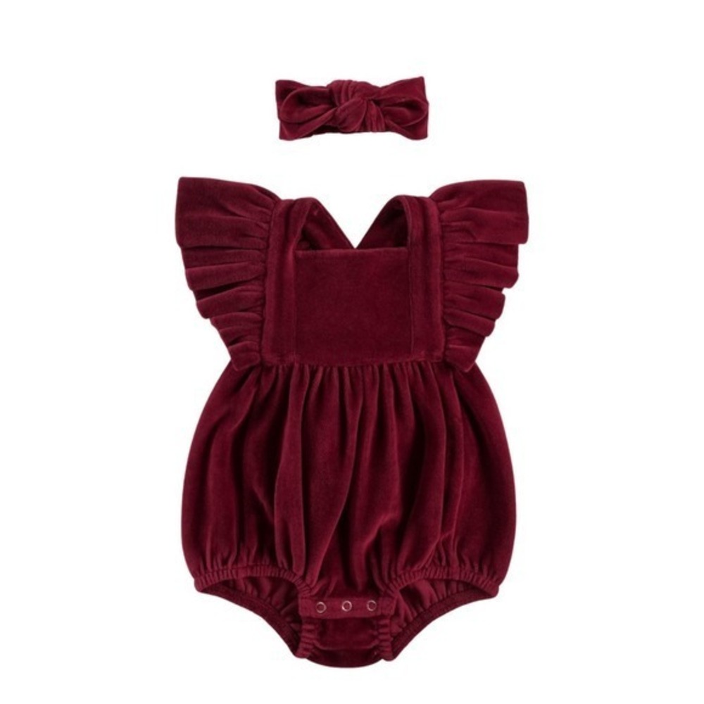 NWT Kate Quinn Velvet Ruffle Strap Bubble Romper w/ Headband Redwood 12-18 month